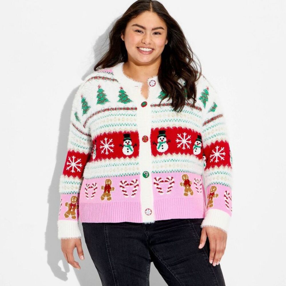 Women's Holiday Icons Festive Graphic Cardigan - Cream 3X